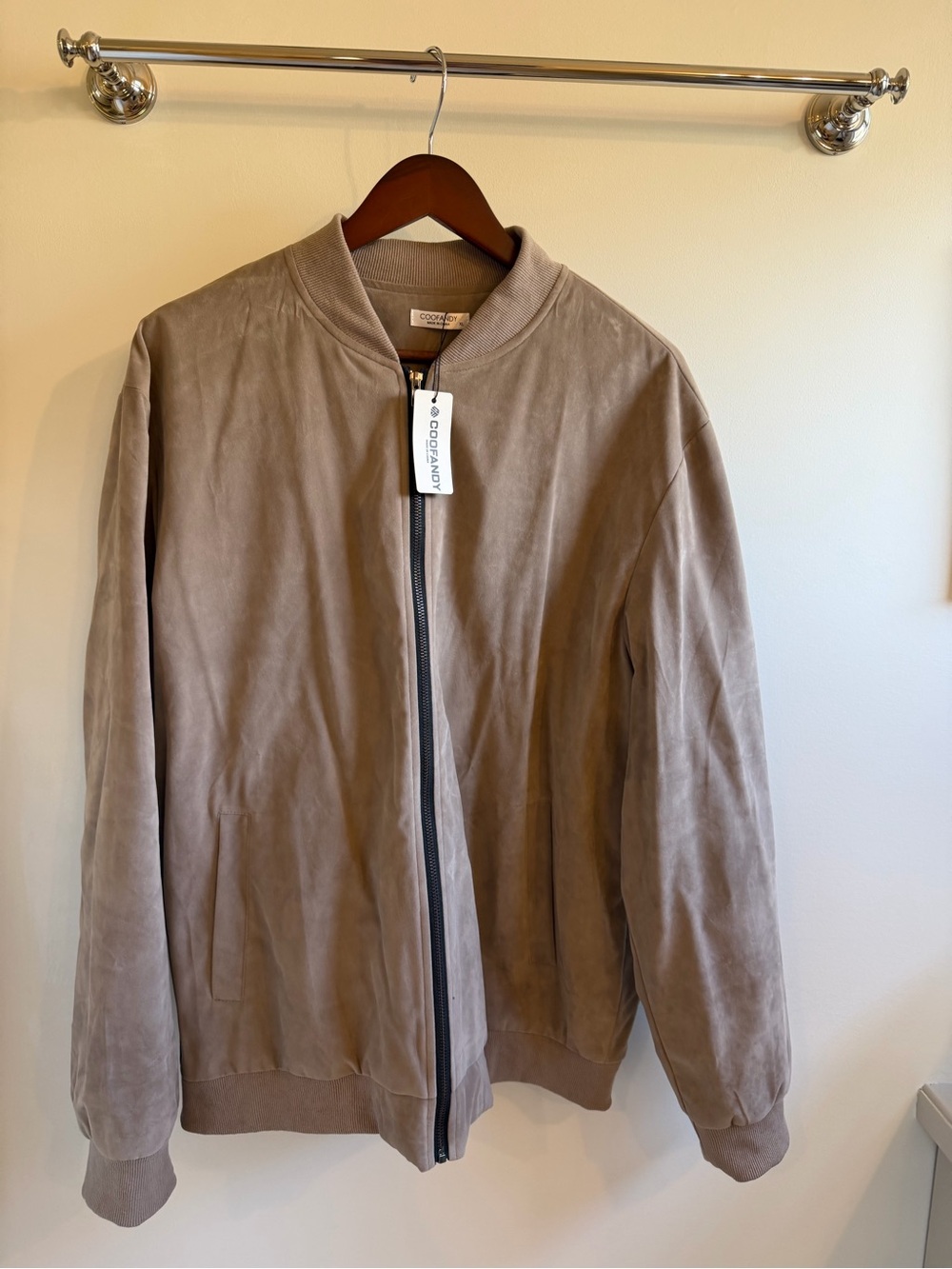Bomber Jacket in Taupe with Ribbed Trim